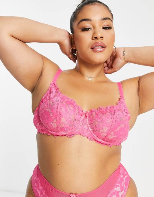 Ivory Rose Curve bold floral lace lingerie set in hot pink