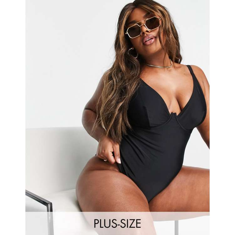 Ivory Rose Curve exaggerated wire swimsuit in black ASOS