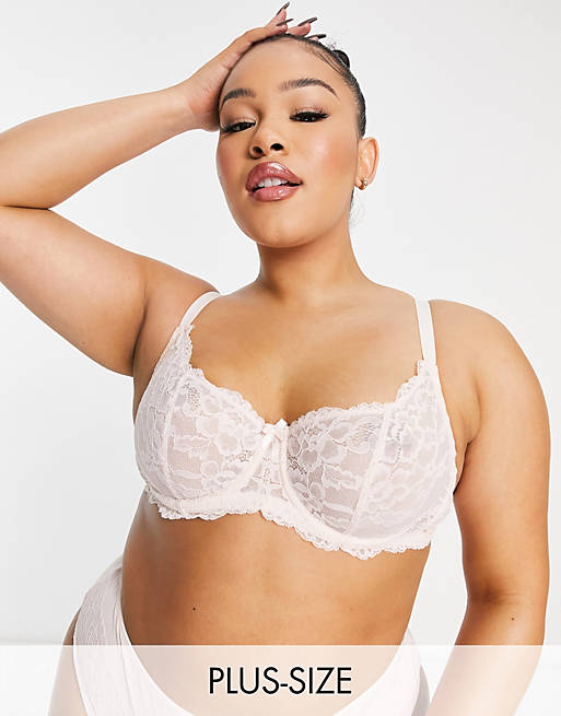 Ivory Rose Curve floral lace balconette bra in soft pink