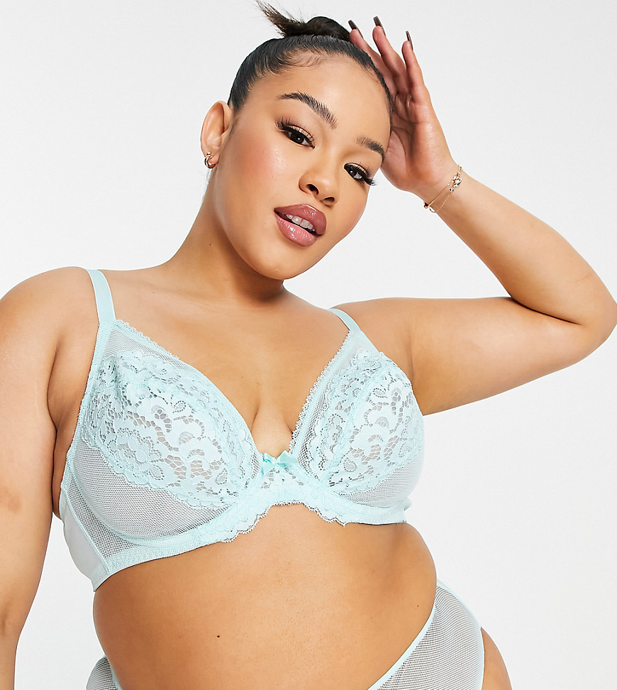 Ivory Rose Lingerie Ivory Rose Curve high apex mesh and lace bra in aqua-Blue