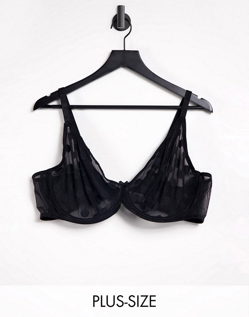 Ivory Rose Curve high apex sheer dot mesh bra in black