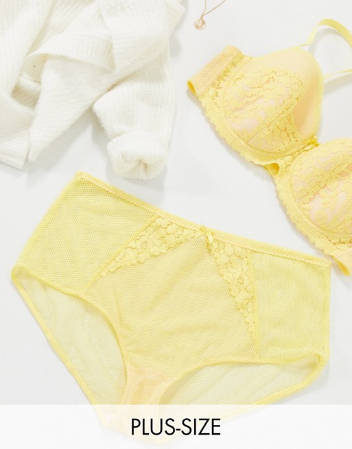 Ivory Rose Curve high waisted lace and mesh detail brief in yellow