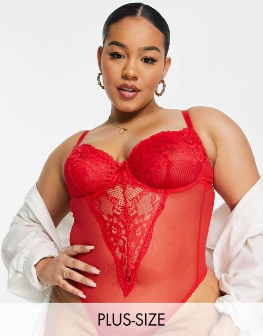 Ivory Rose Curve - Kanten hoog uitgesneden stringbody met beugel in rood