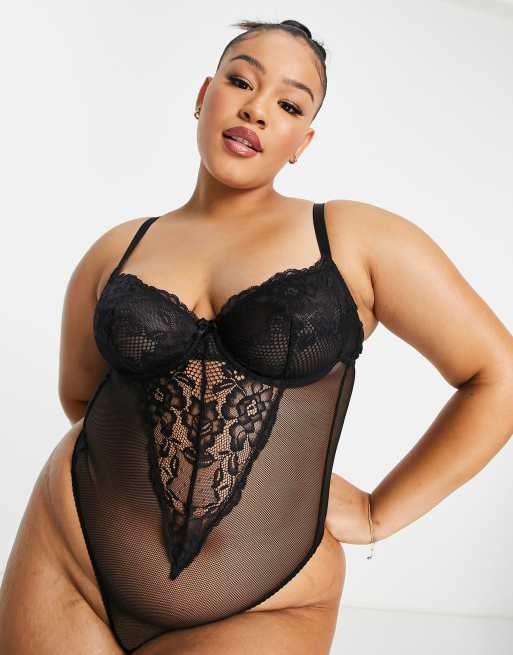 Ivory Rose Curve lace underwired mesh thong bodysuit in black