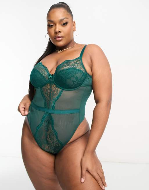 Ivory Rose Curve lace underwired mesh thong bodysuit in green ASOS