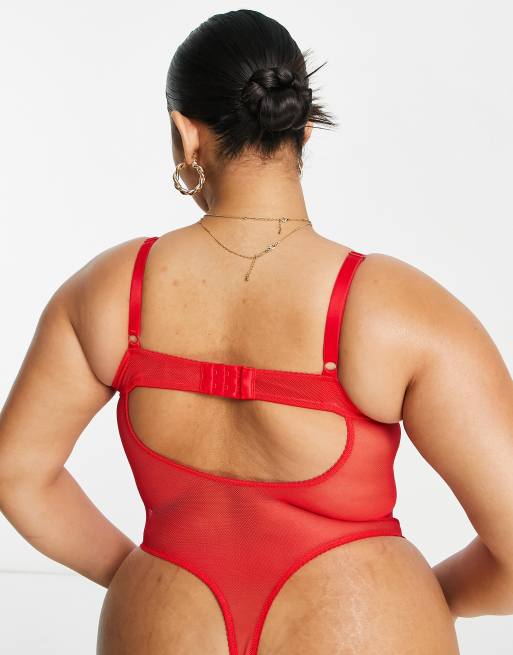 Ivory Rose Curve lace underwired mesh thong bodysuit in red