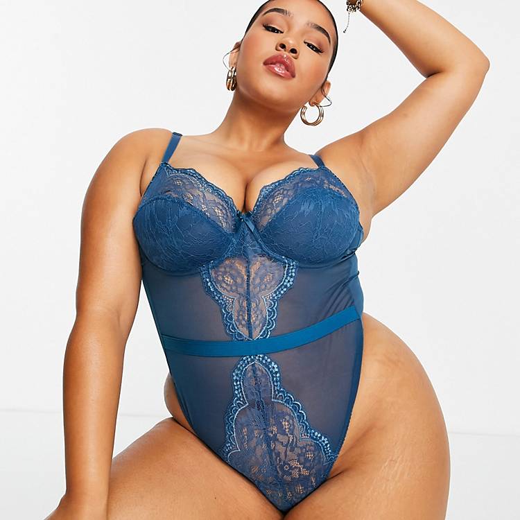 Ivory Rose Curve lace underwired mesh thong bodysuit in teal
