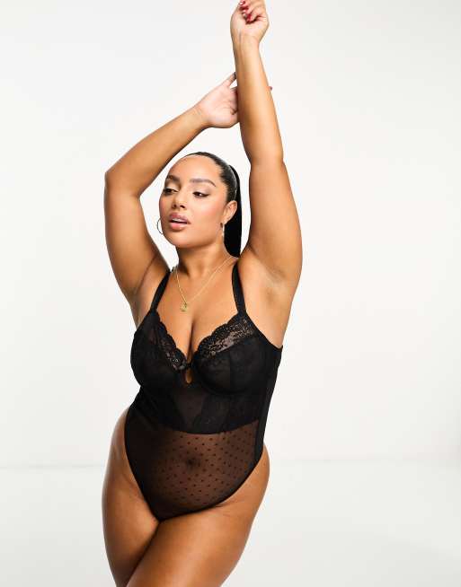 Ivory Rose Curve lace underwired thong bodysuit with high leg cut in black