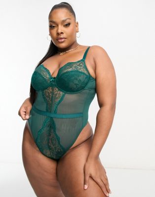 Ivory Rose Curve lace underwired mesh thong bodysuit in green