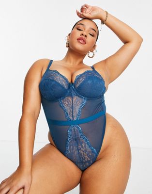 Ivory Rose Curve lace underwired mesh thong bodysuit in teal