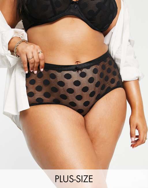 Plus Size Underwear High Waisted Sheer Brief With Velvet Polka Dots. 