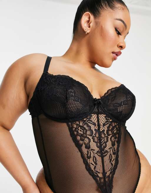 Ivory Rose Curve – Spitzen-Body aus Netzstoff in Schwarz mit Bügeln und  Tanga