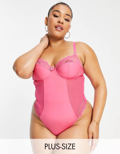 Ivory Rose Curve zig zag mesh and microfiber bodysuit in hot pink