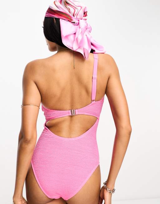 Ivory Rose – Fuller Bust – Badeanzug in Pink mit One-Shoulder-Träger und Knitteroptik , 2 von 4