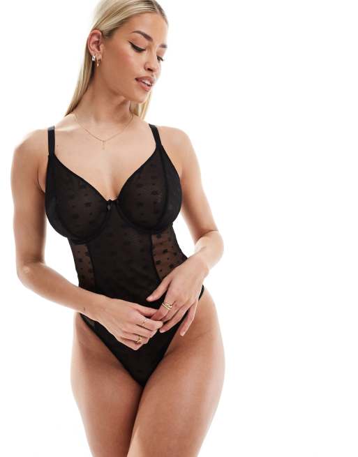 Ivory Rose Fuller Bust - Clara - Skålstørrelse DD-G - Sort bodystocking i jacquard og mesh