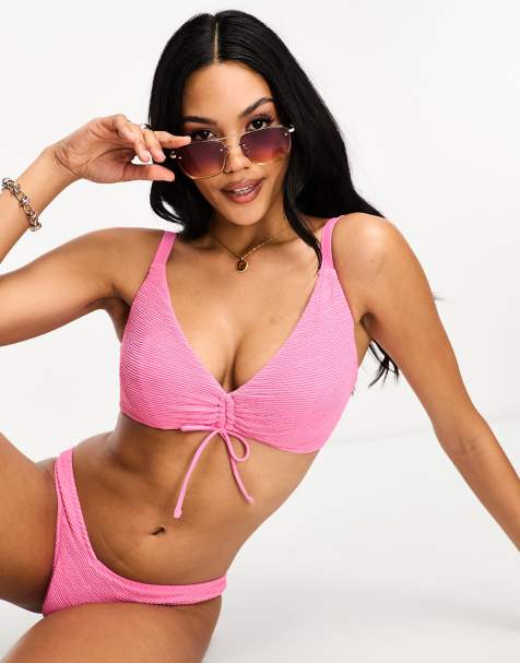 Ivory Rose Fuller Bust crinkle crop bikini top with tie detail in pink  - view 1