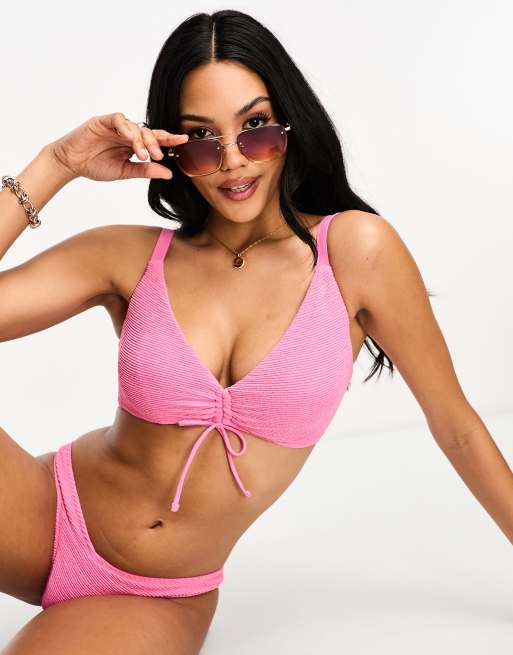 Ivory Rose Fuller Bust crinkle crop bikini top with tie detail in pink 