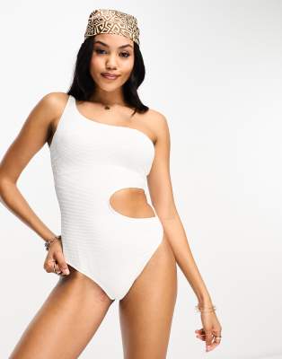 Fuller Bust crinkle one shoulder balconette swimsuit in white