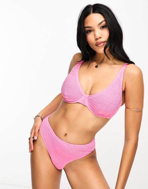 Ivory Rose Fuller Bust crinkle scoop front high apex bikini top in bright pink - view 1