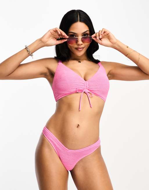 Ivory Rose Fuller Bust crinkle v front bikini bottom in bright pink , 3 of 4