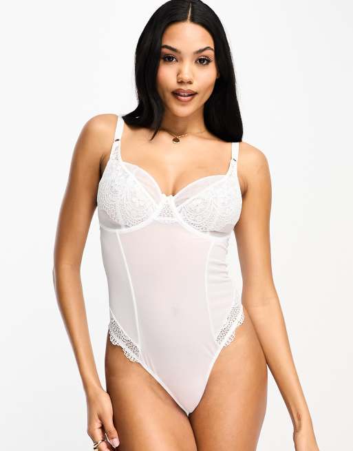 Ivory Rose White Lace & Mesh Bodysuit - Matalan