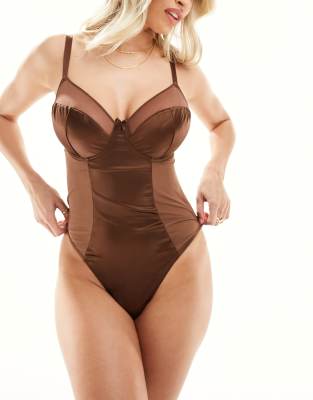 Ivory Rose Lingerie Ivory Rose Fuller Bust DD-G satin mesh bodysuit in chocolate brown