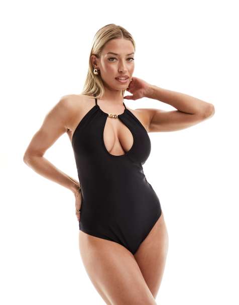 Ivory Rose Fuller Bust dual sized open front halter neck swimsuit in black - view 1
