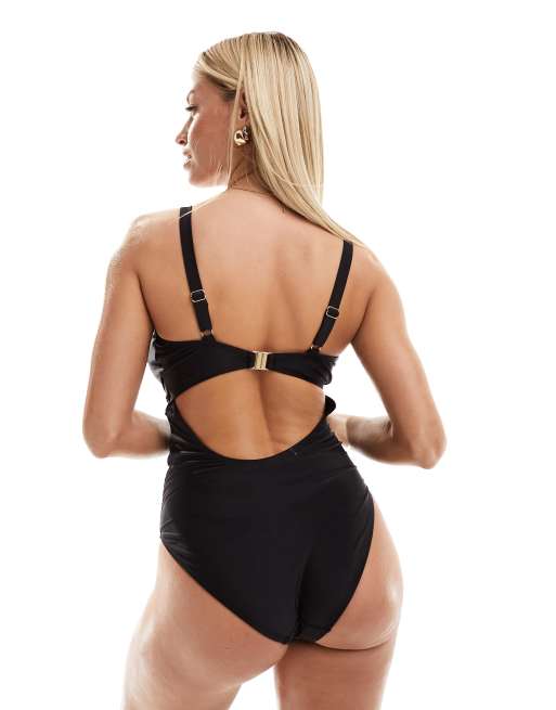 Ivory Rose Fuller Bust dual sized ring front v neck swimsuit in black, 3 of 4
