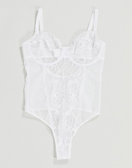 Ivory Rose Fuller Bust lace and mesh mix bodysuit in white