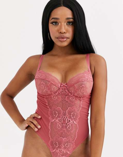 Ivory Rose Fuller Bust lace detail bodysuit in pink - view 1