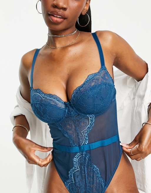 Ivory Rose Fuller Bust lace underwired mesh thong bodysuit in blue