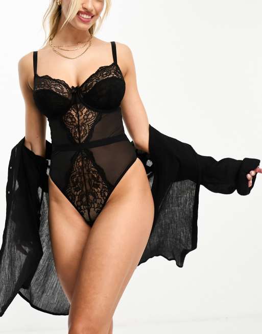 Ivory Rose Fuller Bust lace underwired thong bodysuit with high leg cut in black