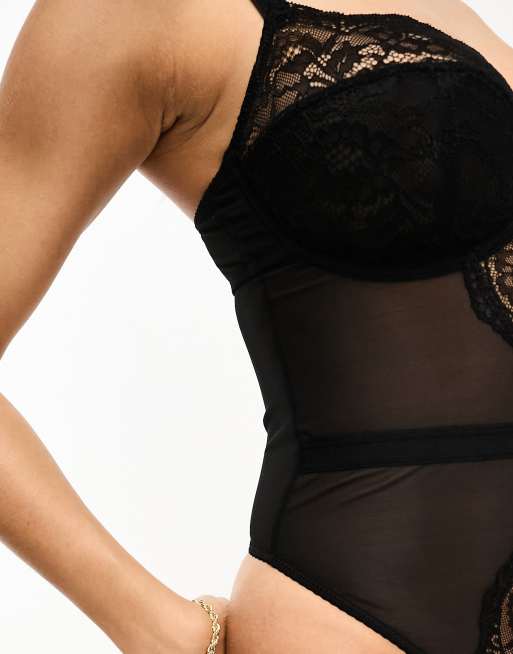 Ivory Rose Fuller Bust lace underwired thong bodysuit with high leg cut in black, 2 of 4
