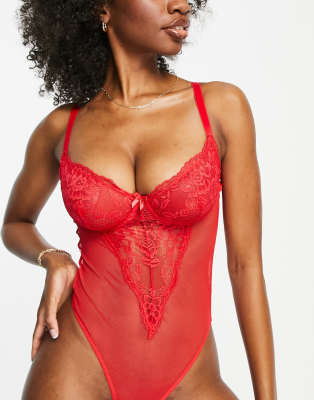 Ivory Rose Curve lace underwired mesh thong bodysuit in red