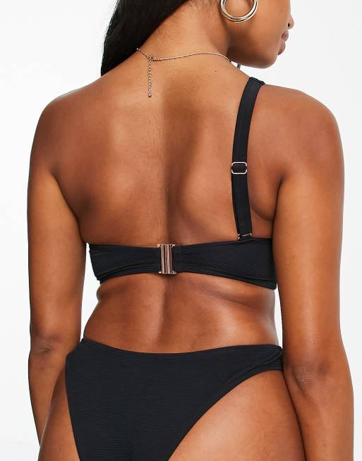 Ivory Rose Fuller Bust mix and match one shoulder bikini top in black crinkle DD-G , 2 of 4