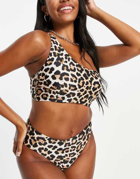 Ivory Rose Fuller Bust mix and match one shoulder bikini top in leopard animal print DD G - view 1