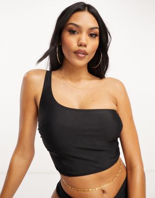 Ivory Rose Fuller Bust Mix & Match One Shoulder Long Line Crop Bikini Top In Black