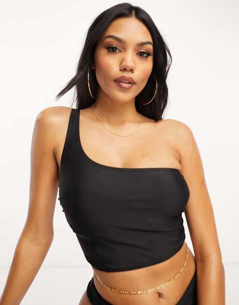 Ivory Rose Fuller Bust mix & match one shoulder long line crop bikini top in black - view 1
