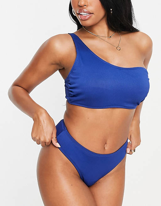 Ivory Rose Fuller Bust mix & match rib one shoulder bikini top in navy blue 