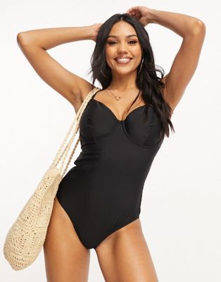 Fuller Bust underwired swimsuit with tie up shoulder in black