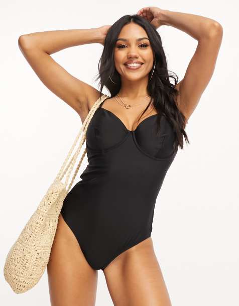 Figleaves Fuller Bust embroidered double strap swimsuit in black