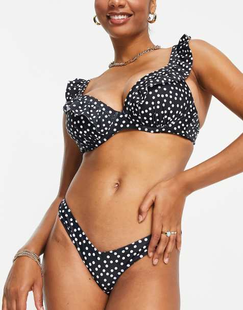 Ivory Rose – Fylligare byst – Mixa och matcha – Svart, prickig bikiniöverdel med volang - view 1