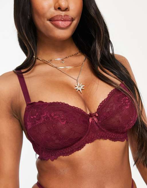 Ivory Rose – Größere Brust – Unwattierter Balconette-BH aus Spitze in Bordeauxrot mit Bügeln, 3 von 4