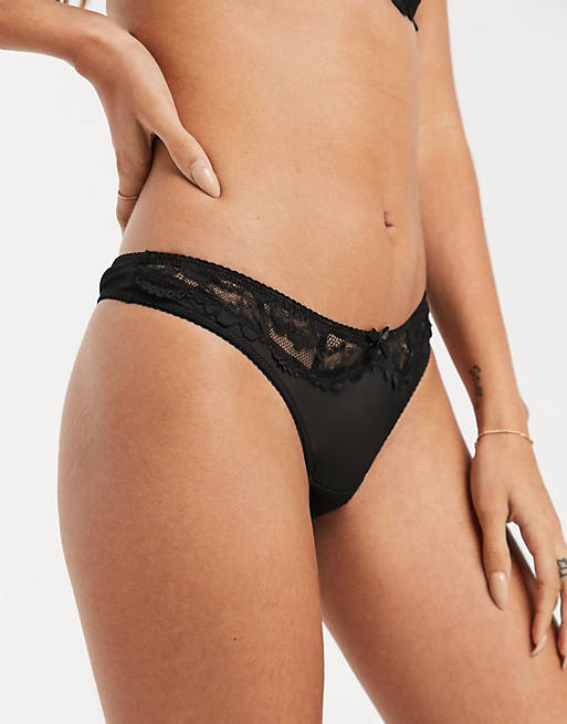 Ivory Rose lace trim thong in black
