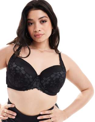 Ivory Rose Lingerie Curve - Roma - T-Shirt-BH aus Spitze und Mesh in Schwarz gepunktet mit Pads, Körbchen C-G-Blau