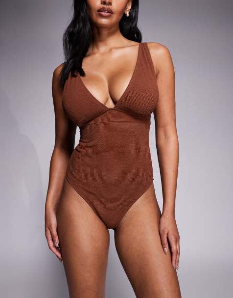 Ivory Rose Lingerie Fuller bust non-wired plunge swimsuit in scrunch in brown - view 1