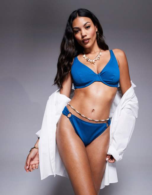 Ivory Rose Lingerie Rib high leg bikini bottom with ring detail in teal