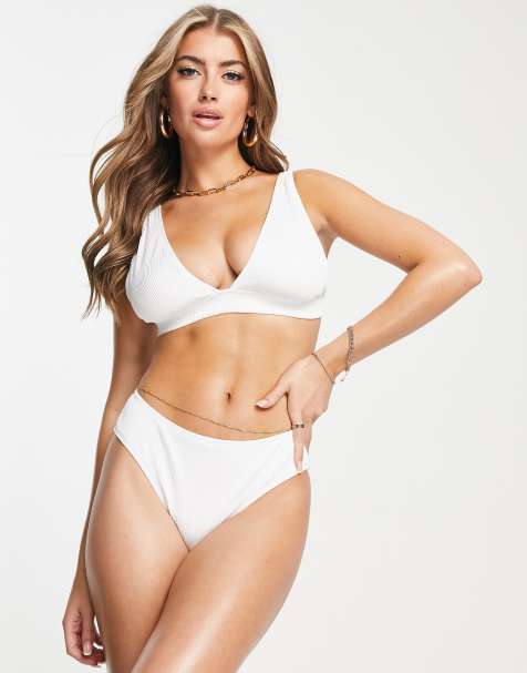 Ivory Rose – Mixa och matcha – Vit ribbad bikiniunderdel med hög benskärning - view 1