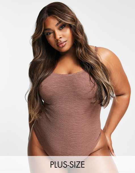 Ivory Rose Plus crinkle double strap swimsuit in brown  - view 1