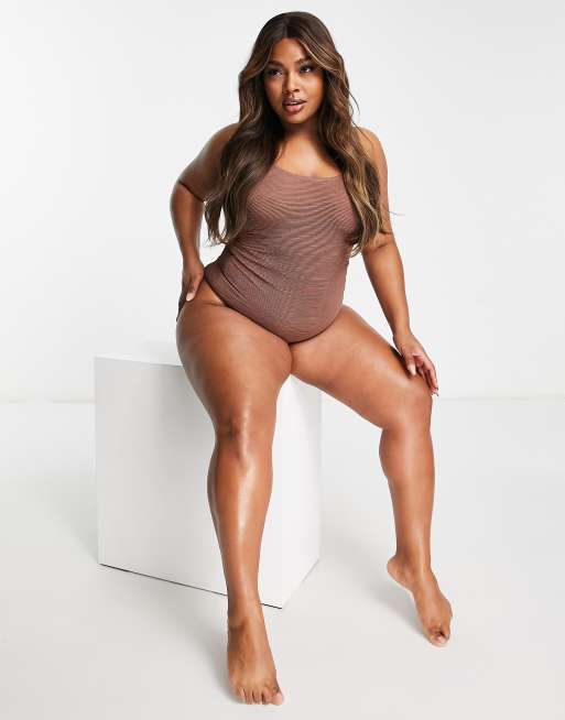 Ivory Rose Plus crinkle double strap swimsuit in brown , 4 of 4